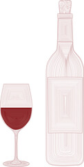 colour vector line illustration of red wine bottle and glass, simple hand drawn lines red and white vector pattern