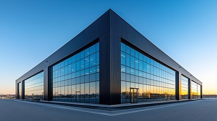Fototapeta premium Modern black industrial building under clear blue sky, wide-angle shot from front corner, sharp lines and reflective windows, empty asphalt road in foreground 