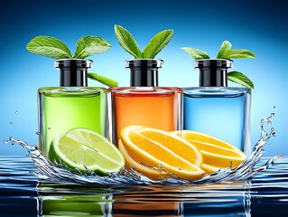 Colorful bottles with citrus fruits and water splash