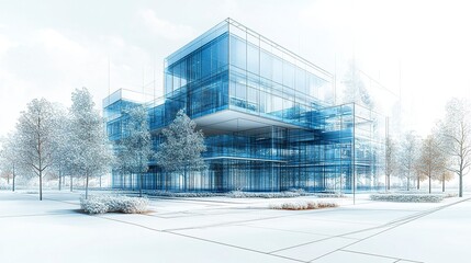 Fototapeta premium Modern commercial building blueprint with transparent glass design, wide-angle shot showing perspective lines, trees and sky in soft artistic render 