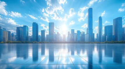 Obraz premium Modern city skyline with skyscrapers in daylight, wide-angle shot from open plaza, vibrant blue sky with scattered clouds 