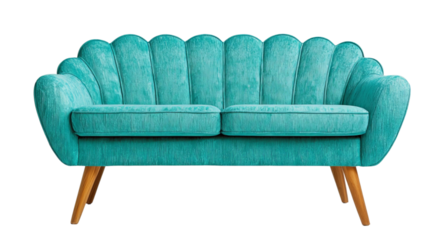 Png of Stylish turquoise sofa with a scalloped back and wooden legs, perfect for modern home decor.