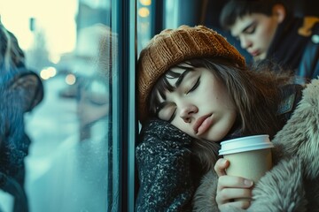 A university shuttle bus with students looking at their phones. A girl is holding a coffee cup and resting her head on the window.