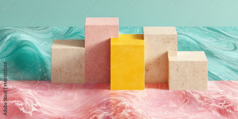 Aufkleber Fluid Geometry Pastel Terrazzo Blocks Floating on Ethereal Liquid Waves - Minimalist Design Exploring Texture, Color, and Contemporary Spatial Aesthetics
