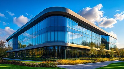 Fototapeta premium Modern commercial building with curved glass facade under vivid blue sky, wide-angle shot with bright daylight, landscaped greenery and dynamic cloud patterns 