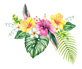 Floral bouquet watercolor illustration, tropical flowers hibiscus, palm leaves isolated on white background. Summer tropical cute illustrations