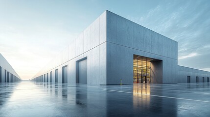 Modern distribution center with geometric architecture and grey concrete walls, clean exterior in diffused daylight, minimal shadows and flat perspective  