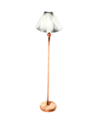 Lighting lamp furniture item. Hand painted watercolor floor lamp. Furniture for ballet illustrations set. Floor lamp with lampshade on wooden leg high