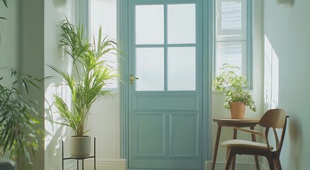 Fototapeta premium A front door of a house with an exterior chair and table white walls blue window frames