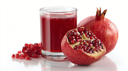 Pomegranate: A still life captures a close-up of a refreshing glass of pomegranate juice, accompanied by fresh pomegranates, showcasing the vibrant red color and inviting freshness of the fruit. 