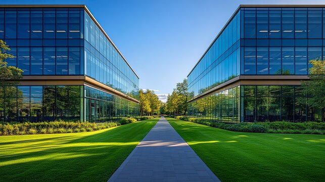 Modern office building with glass faade under clear blue sky, wide-angle shot with bright daylight, landscaped greenery and paved walkway creating a clean corporate environment 