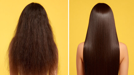 Before and After Hair Transformation: A stunning before-and-after image showcasing the transformative power of hair treatment, highlighting a dramatic shift from frizzy, unmanageable hair to smooth.