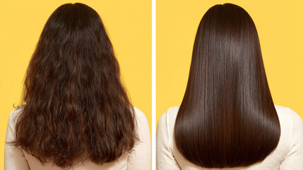 Transformation: A before-and-after comparison showcases the stunning effects of professional hair treatment, revealing the radiant and sleek perfection achieved through meticulous care. 