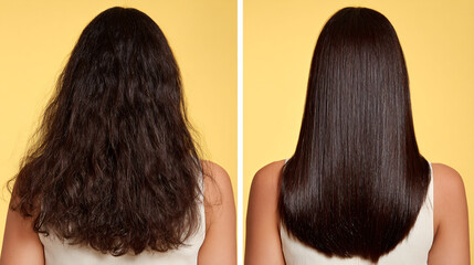 Hair Transformation: Showcasing a stunning hair transformation, where before and after images reveal the dramatic shift from frizzy to smooth, reflecting the essence of beauty and personal care.