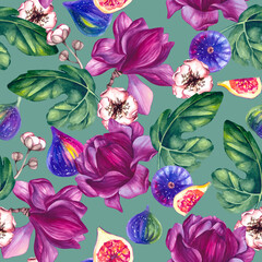 Magnolia and fig floral watercolor seamless pattern. Hand drawn botanical pattern for textile, fabric, clothing and utensils design. Magnolia pattern. Fig patrn