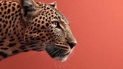 Leopard in Profile: A close-up portrait of a majestic leopard, showcasing its distinctive spotted coat and intense gaze, set against a warm, inviting backdrop.