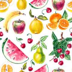 Watercolor fruits and berries (orange, cherry, apple, watermelon, pear, banana, quince) patten. Fruits hand drawn. Plants for fabric design, packaging, textiles, postcards, banners.