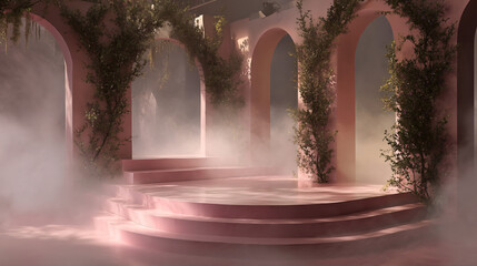 Dreamy Architecture: A captivating architectural scene, featuring a series of elegant arches entwined with lush greenery, and a soft, dreamlike atmosphere.