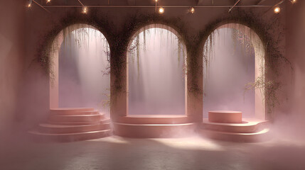 Pink Archway Display: Three arched niches, adorned with vines, create a dreamy backdrop for product displays. Soft pink hues and ethereal lighting enhance the mood.