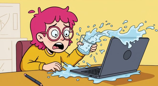 Oops! A Spilled Drink Disaster: Cartoon Illustration of a Girl Accidentally Spilling Water on Her Laptop