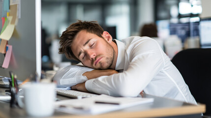 Tired at Work: A professional male slumbers at his desk, in a moment of exhaustion, at office environment with computer and cup