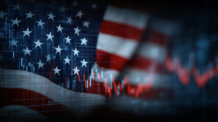 American Economy Downturn:  A dramatic image depicting the American flag overlaid with a sharply declining stock market graph, symbolizing economic hardship and uncertainty.