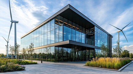 Modern sustainable office building with sleek glass and metal facade, wide-angle view under clear blue sky, landscaped garden and wind turbines in background 