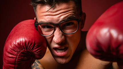 Boxer's Intensity: A determined boxer in action, showcasing raw emotion and focused determination as he prepares for a fight in a bold close-up, embodying grit and physical prowess.
