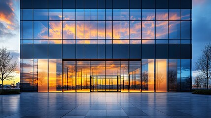 Fototapeta premium New office architecture with modern black cladding and expansive glass, captured at twilight with soft exterior lighting and empty pavement foreground 