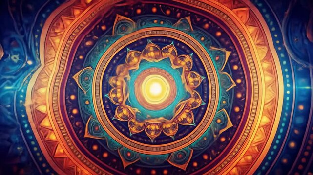 Intricate Multicolored Mandala Design with Radiant Center and Symmetrical Patterns