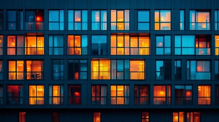 Office building windows glowing warm orange during evening, grid of illuminated rooms captured from outside, modern glass facade with reflective blue tones  