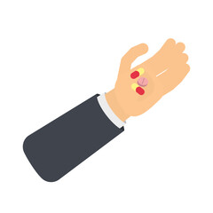 Using a handful of antidepressants. Tablets in hand, vector illustration.