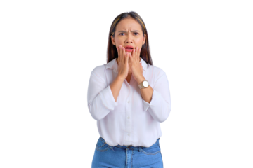 Scared young Asian woman standing with worried expression at camera isolated on transparent background