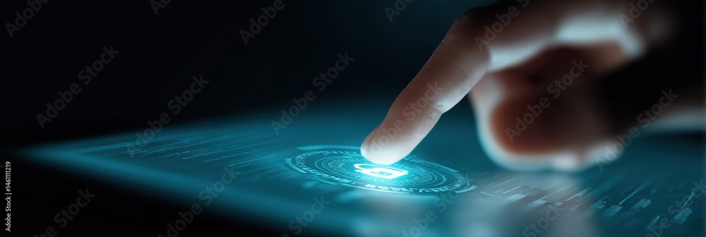 Poster Futuristic Cybersecurity Interface Dynamic Digital Protection with Holographic Touch Interaction - Immersive Tech Innovation for Next-Gen Digital Transformation