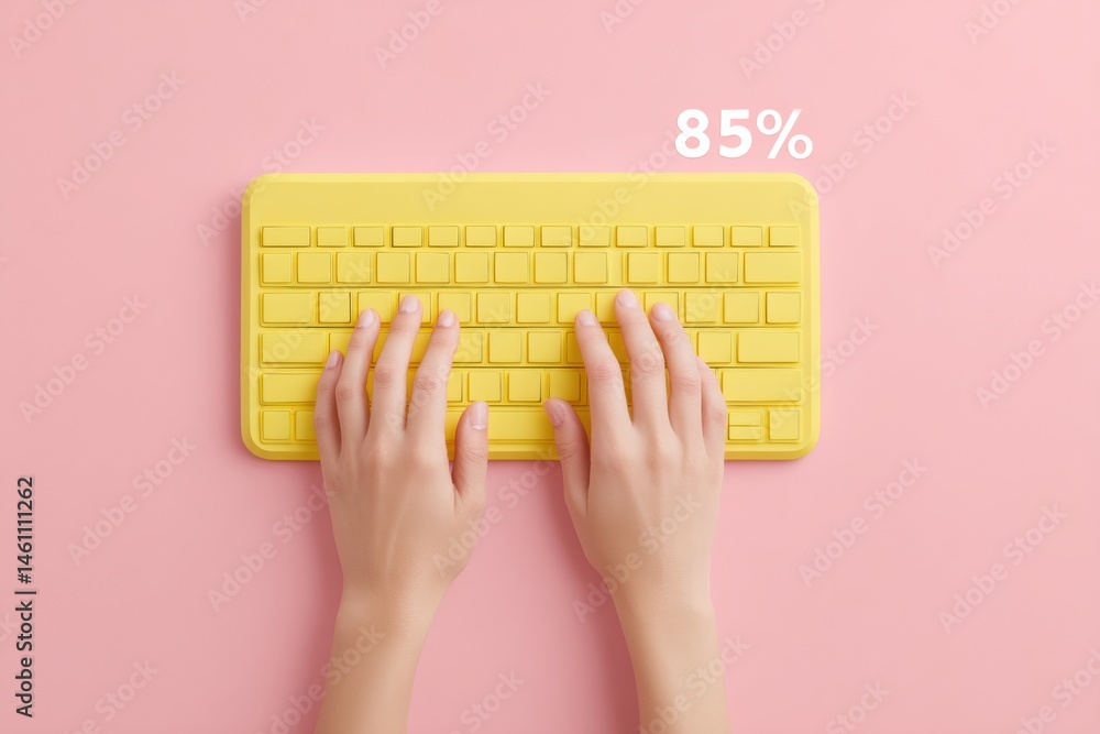 Leinwandbilder Digital Transformation Minimalism Pastel Tech Update Interface with Ergonomic Yellow Keyboard, Showcasing 85% Software Progress and Modern Workspace Efficiency
