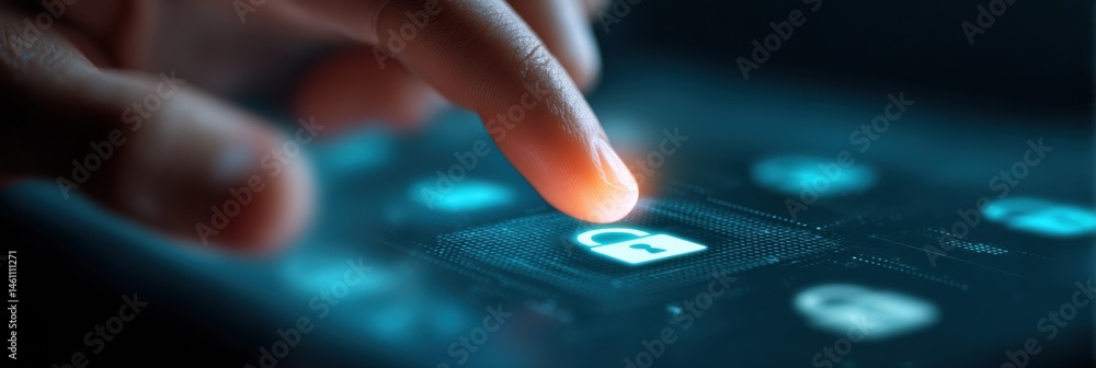 Leinwandbilder Futuristic Cybersecurity Interface Minimalist Digital Touch Interaction Showcasing AI-Powered Software Update and Network Protection Innovations
