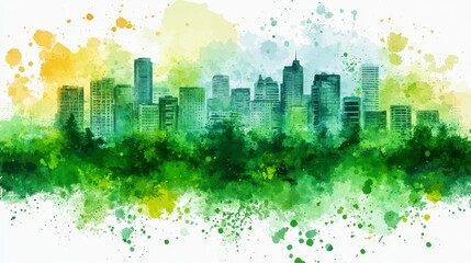 Fototapeta premium Watercolor Cityscape with Green Trees and Yellow Splashes