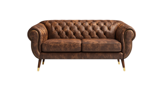 Png of Luxurious brown leather tufted sofa with elegant design, perfect for adding sophistication to any living space.