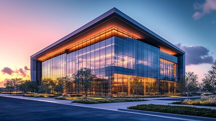 Obraz premium Sleek corporate headquarters with flat roof and glowing windows, landscaped foreground and dramatic sunset backdrop, clean architectural symmetry 
