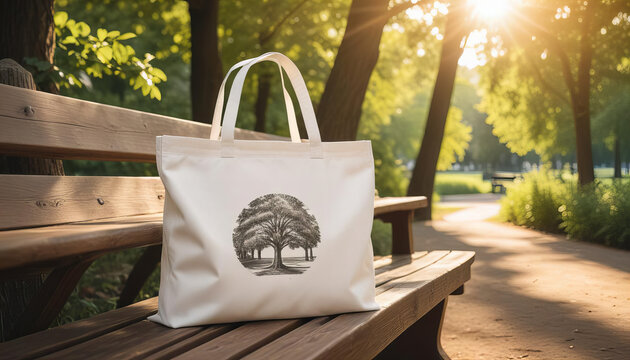 White Canvas Tote Bag on a Wooden Bench in a Sunlit Park - Powered by Adobe