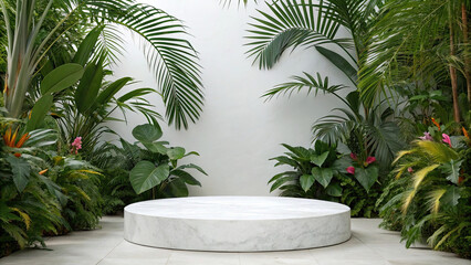 White marble circular platform surrounded by lush tropical plants and vibrant flowers, creating serene and natural backdrop