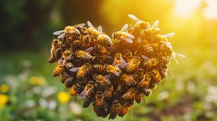 Heart-shaped swarm of bees in sunlight. For nature, love, teamwork, or insect themes.
