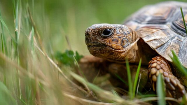 A striking close-up photograph of a tortoise basking in the grass, highlighting its beautifully patterned shell and textures in a lush, serene natural environment.