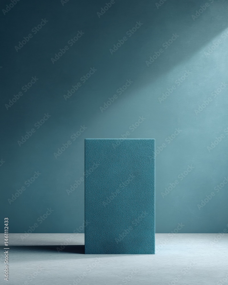Poster minimalist design innovation deep teal geometric podium showcasing modern branding aesthetics in tra