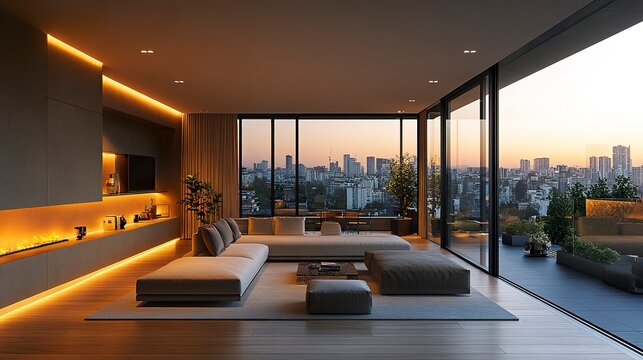 Sophisticated modern condo with terrace and skyline view, soft ambient lighting inside sleek interior, warm tones and clean architectural lines  