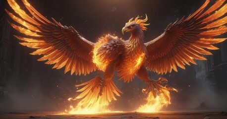 Fiery phoenix, wings ablaze, mythical creature, sun, wings, supernatural