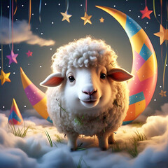 adorable sheep resting peacefully under glowing crescent moon, representing sacrifice and devotion for eid ul adha islamic celebration and qurbani tradition

