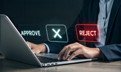 Business Professional Making an Approval or Rejection Decision on Laptop.