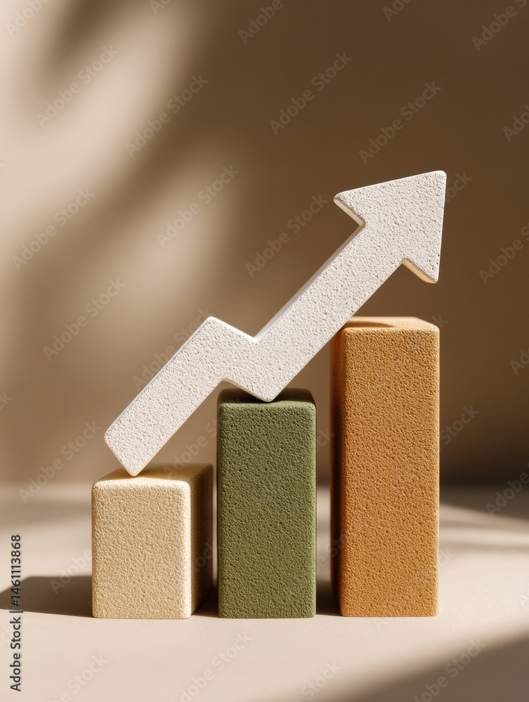 Poster minimalist economic recovery visualization earthy tone growth arrow ascending through textured block