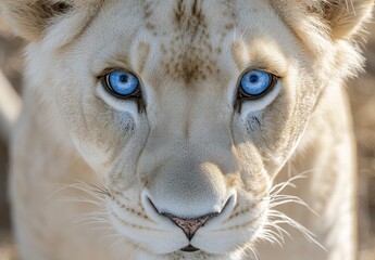 Close Up Portrait of a White Lion with Striking Blue Eyes
